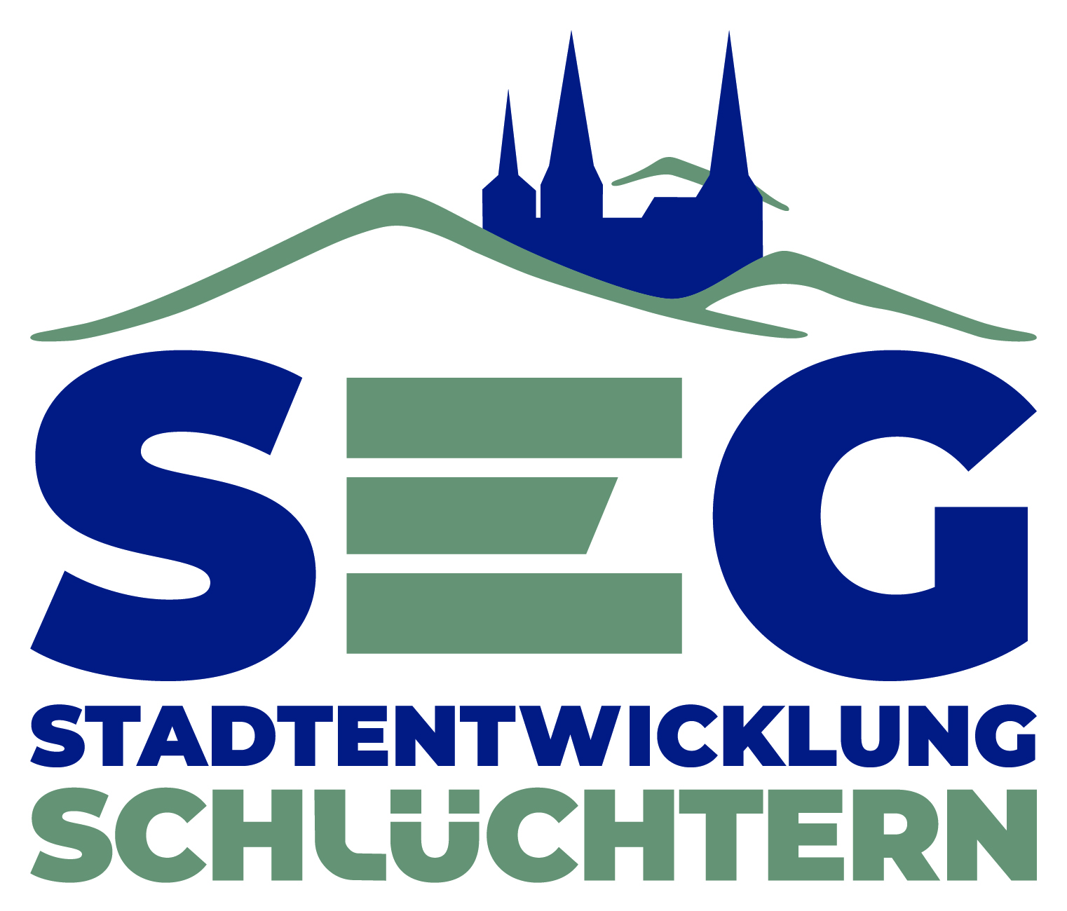 Das Logo der SEG Schlüchtern. Zu sehen sind die umgebenden Berge, die drei Türme Schlüchterns sowie der Schriftzug "SEG Schlüchtern" auf weißem Hintergrund.